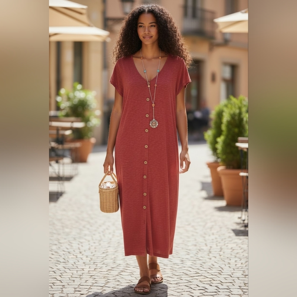 D&CO.  NATURALS Button Maxi Dress - Size 1X or 16W-18W